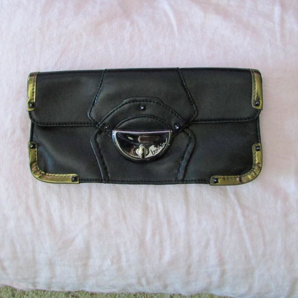 Botkier Black Leather Studded Clutch with Contrasting Gold Leather Trim
